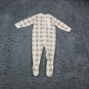 Old Navy Footed Pajamas Baby Boys 18-24M Beige Plaid Fleece Zip One Piece NWT